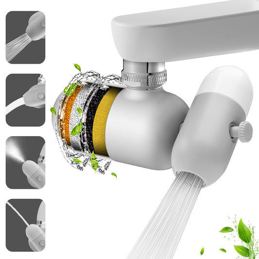 Hillien 4 Modes Multifunctional Kitchen & Bathroom Water Filter for Sink Faucet with 2pcs Replacement Filters - 99.9% Chlorine Removal-Skin Hydration in 2 Weeks- Compatible with Most of Faucet