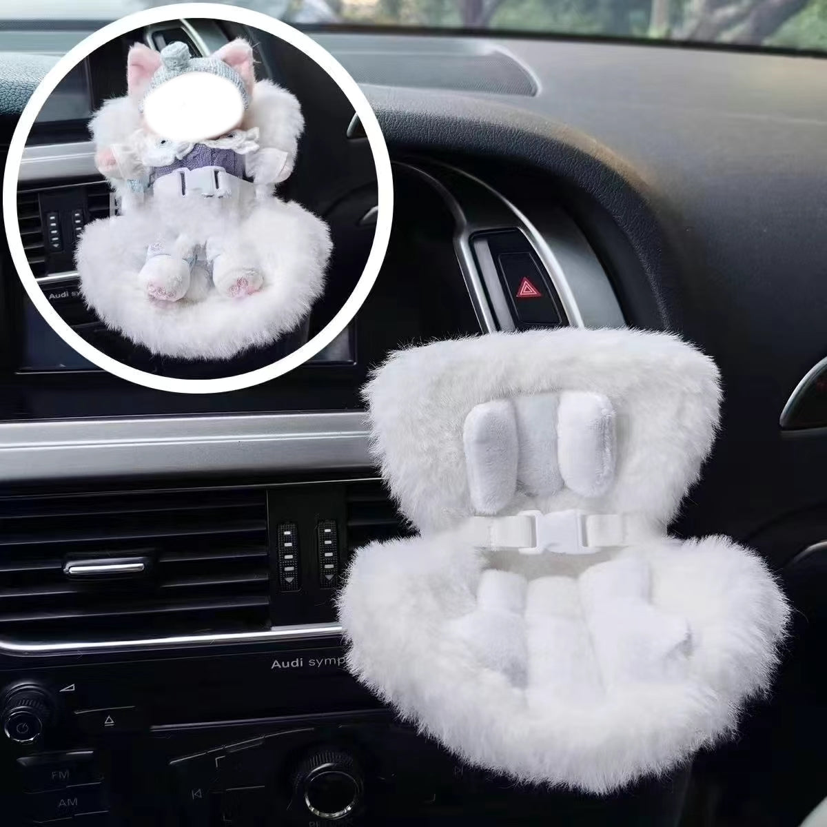 Car Seat for Labubu Dolls with Soft Furry Cushion, Air Vent Clip and Desktop Stand, Cute and Functional Car Ornament for Labubu Fans and Doll Collectors