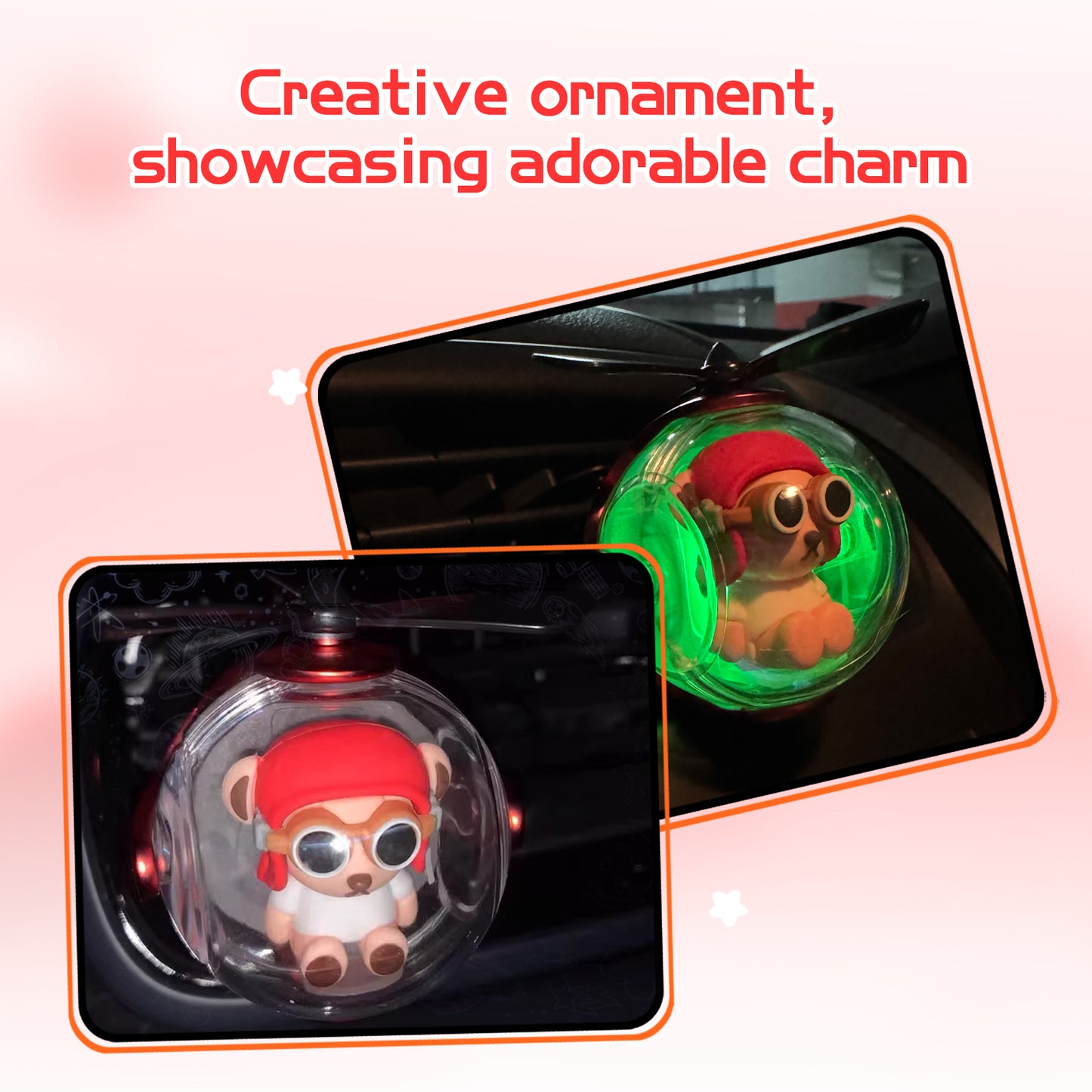 Red Bear Helicopter Car Air Freshener with 6-Color Auto Light Up & 4 Scented Pads – Light Fragrance, Decorative Auto Accessories