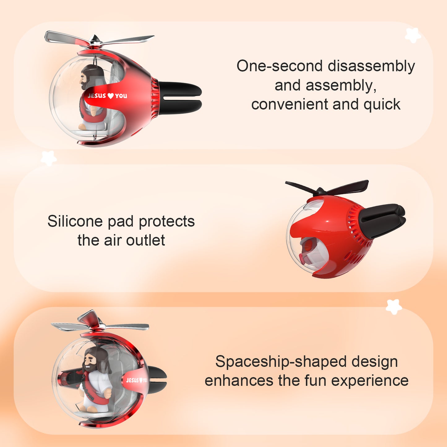 Jesus Helicopter Car Air Freshener with 6-Color Auto Light Up & 4 Scented Pads – Light Fragrance, Decorative Auto Accessories
