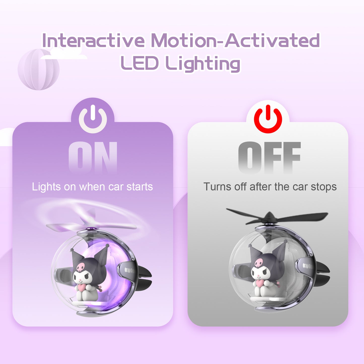 Kuromi Helicopter Car Air Freshener with 6-Color Auto Light Up & 4 Scented Pads – Light Fragrance, Decorative Auto Accessories