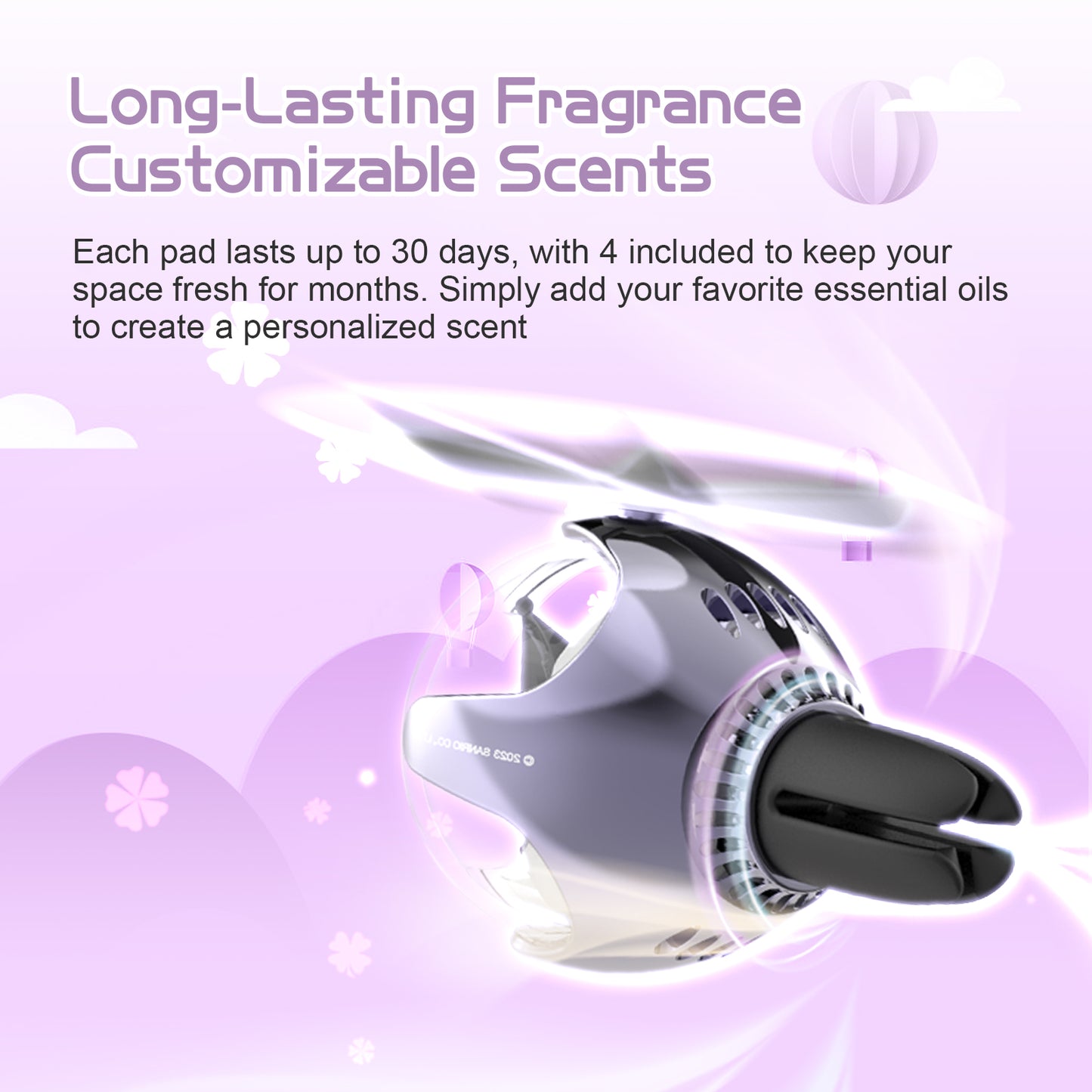 Kuromi Helicopter Car Air Freshener with 6-Color Auto Light Up & 4 Scented Pads – Light Fragrance, Decorative Auto Accessories