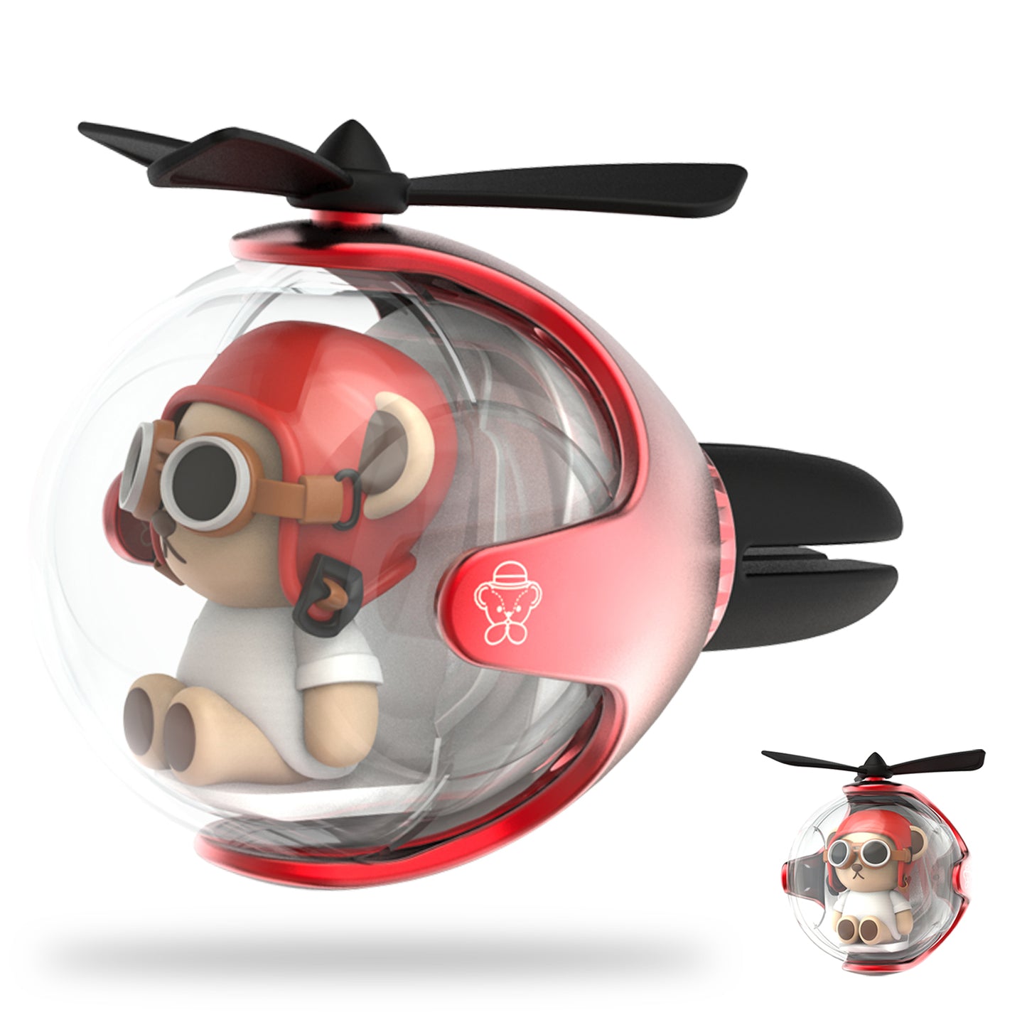 Red Bear Helicopter Car Air Freshener with 6-Color Auto Light Up & 4 Scented Pads – Light Fragrance, Decorative Auto Accessories