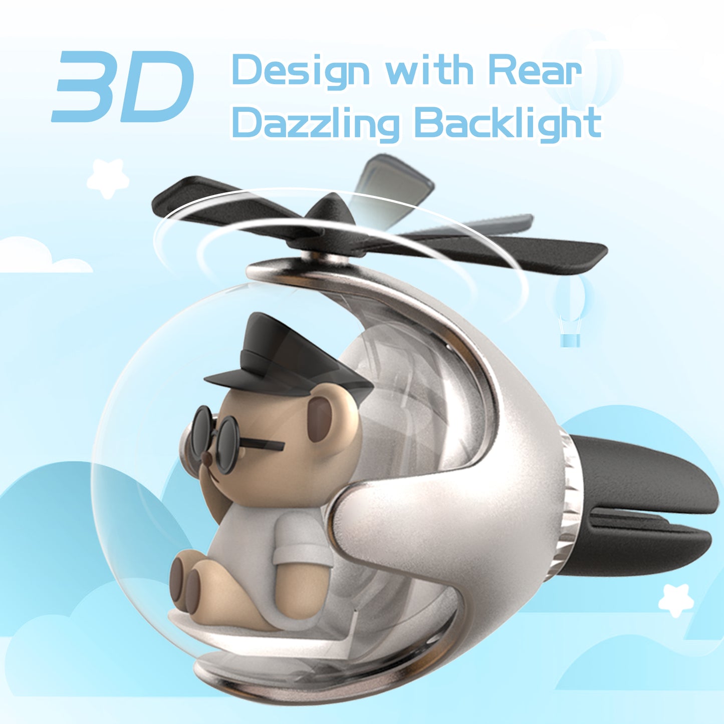 Black Bear Helicopter Car Air Freshener with 6-Color Auto Light Up & 4 Scented Pads – Light Fragrance, Decorative Auto Accessories