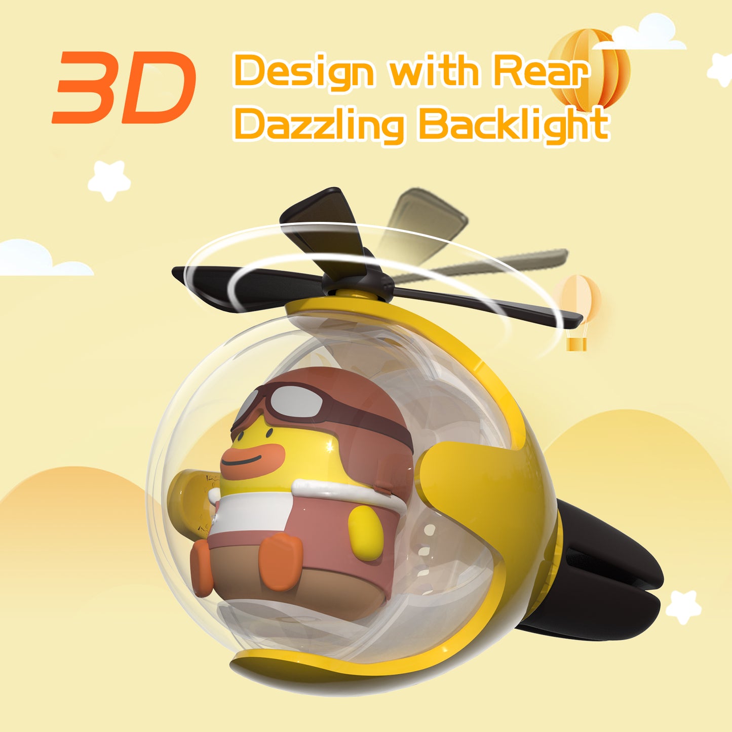 Yellow Duck Helicopter Car Air Freshener with 6-Color Auto Light Up & 4 Scented Pads – Light Fragrance, Decorative Auto Accessories
