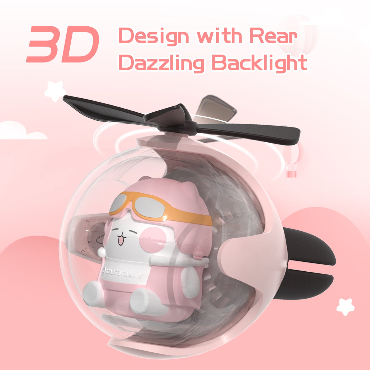 Pink Cat Helicopter Car Air Freshener with 6-Color Auto Light Up & 4 Scented Pads – Light Fragrance, Decorative Auto Accessories