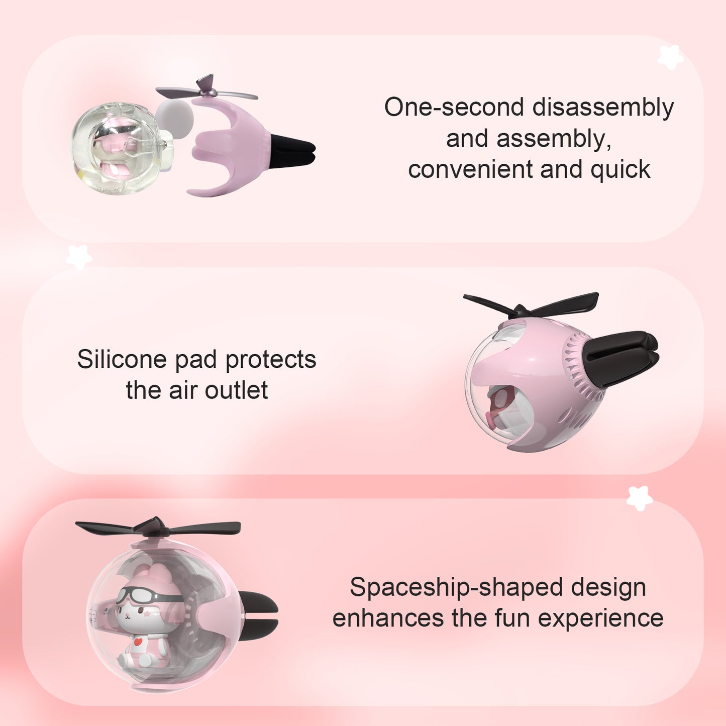 Pink Bunny Helicopter Car Air Freshener with 6-Color Auto Light Up & 4 Scented Pads – Light Fragrance, Decorative Auto Accessories