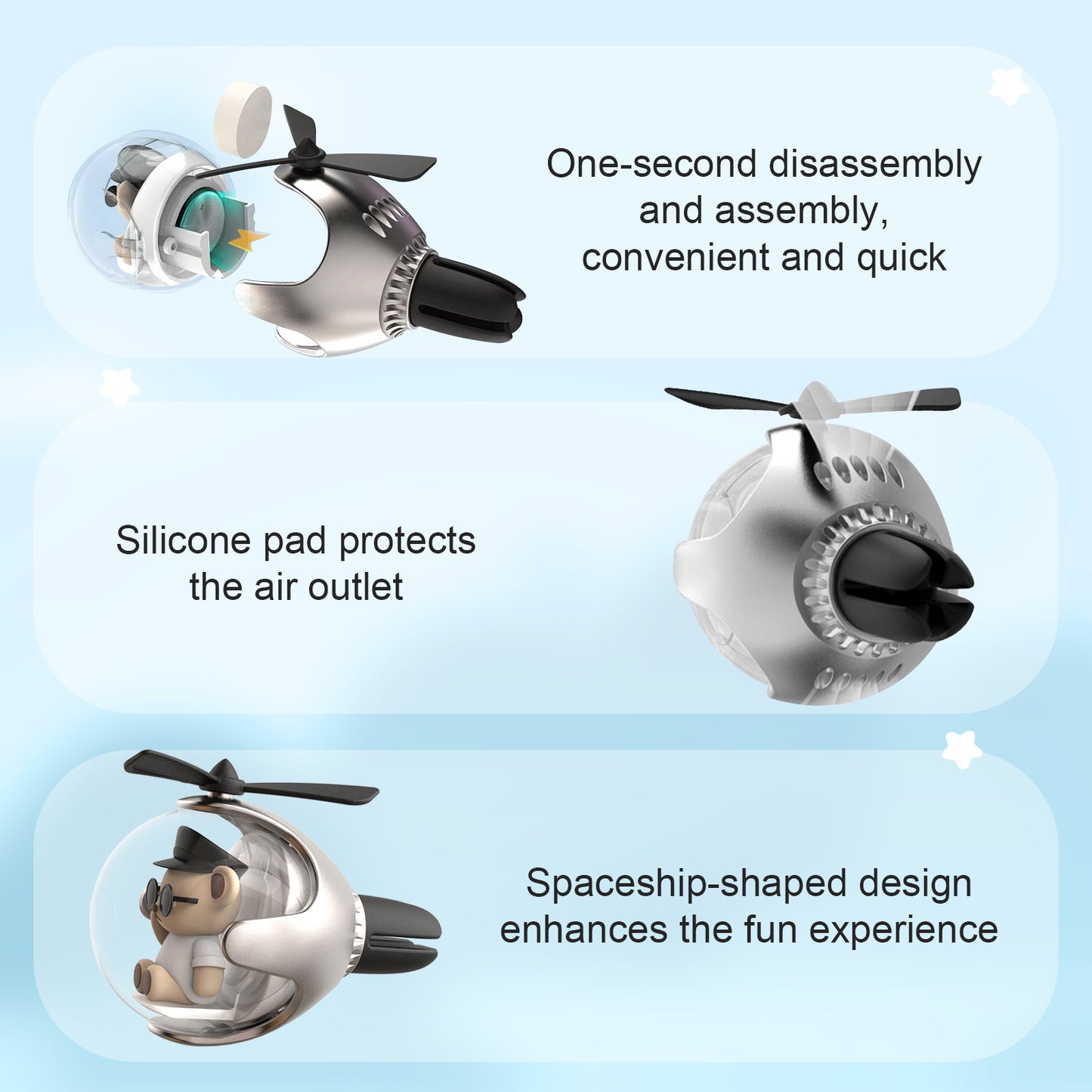 Black Bear Helicopter Car Air Freshener with 6-Color Auto Light Up & 4 Scented Pads – Light Fragrance, Decorative Auto Accessories