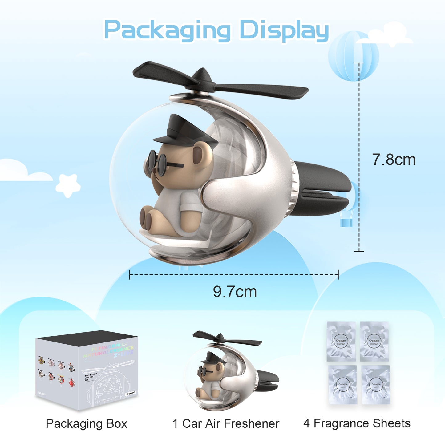 Black Bear Helicopter Car Air Freshener with 6-Color Auto Light Up & 4 Scented Pads – Light Fragrance, Decorative Auto Accessories