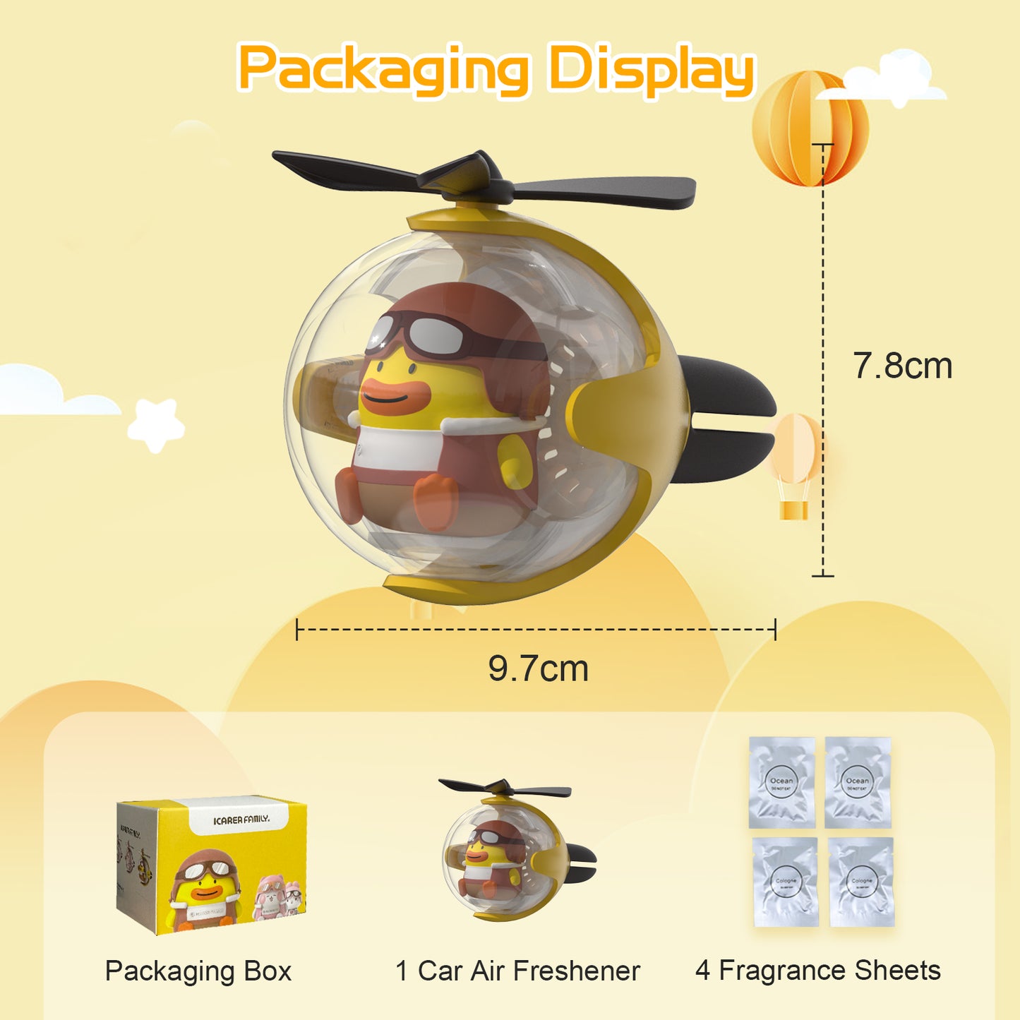 Yellow Duck Helicopter Car Air Freshener with 6-Color Auto Light Up & 4 Scented Pads – Light Fragrance, Decorative Auto Accessories